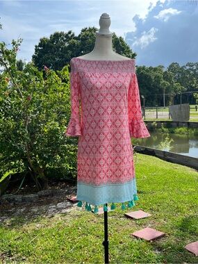 Cabana Life NWT UV Protection Coral Tides Coverluxe Smocked Dress-  tassel dress